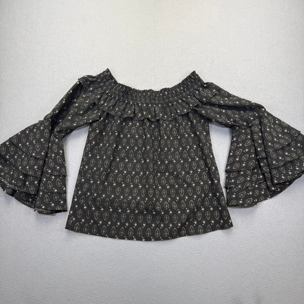 MISA Los Angeles XS Black Floral Off Shoulder Tiered Ruffle Bell Sleeve Blouse